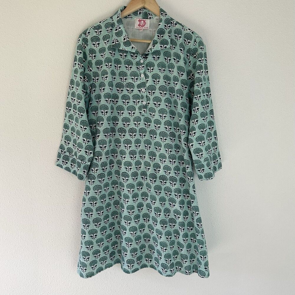 Victoria Dunn Dress Blue Green Cotton Floral 3/4 Sleeve XL